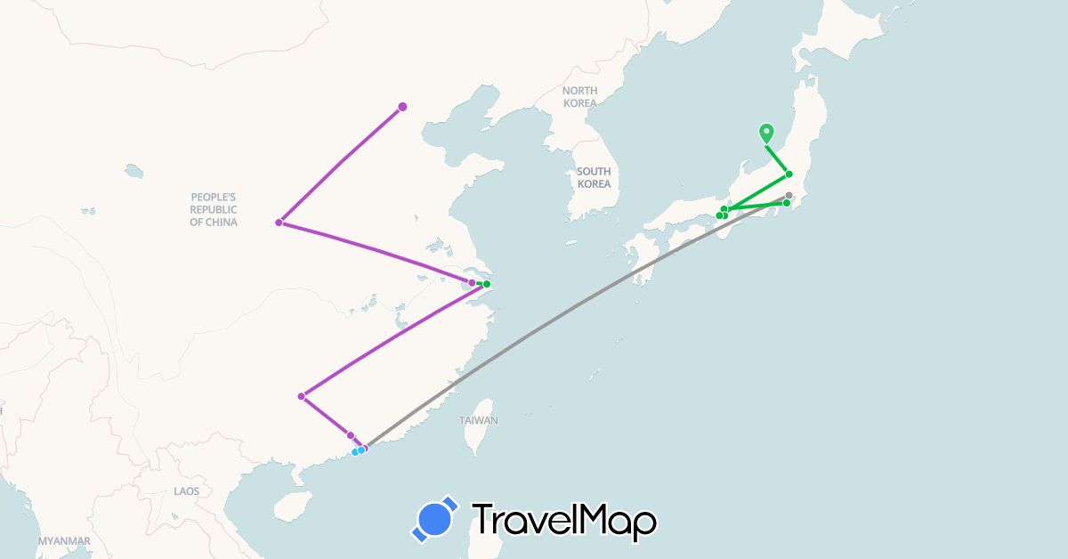 TravelMap itinerary: driving, bus, plane, train, boat in China, Hong Kong, Japan, Macau (Asia)